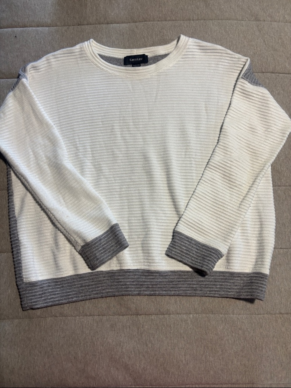Karen Kane White Crewneck Sweater with Gray Trim